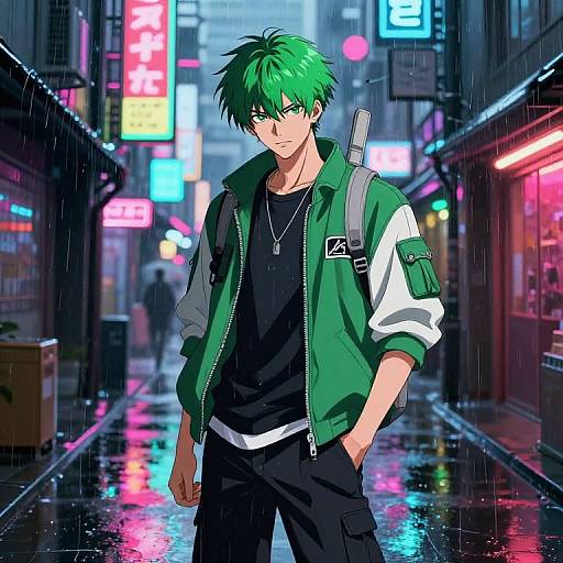 Anime Green-Haired Hero in Neon Alley