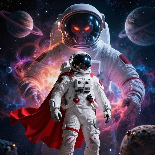 Photorealistic CGI of a small astronaut with a red cape, facing a larger, menacing space-suited figure with glowing red eyes in a cosmic,