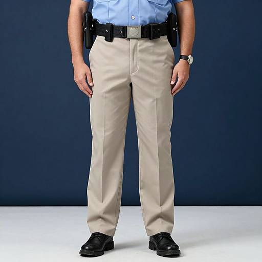 Photograph of a male police officer's lower torso, wearing beige pants, black shoes, blue shirt, black belt, and police holster, against a