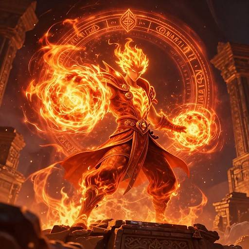 Epic digital artwork of a fiery, muscular warrior with glowing orange flames surrounding him, standing on a stone pedestal in front of a large, glowing magical