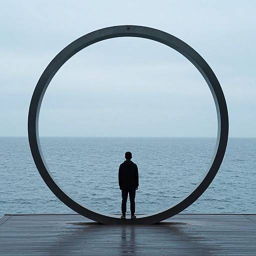 Silhouetted person standing before large circular metal frame, overlooking calm sea under bright, overexposed sky in minimalist photograph.