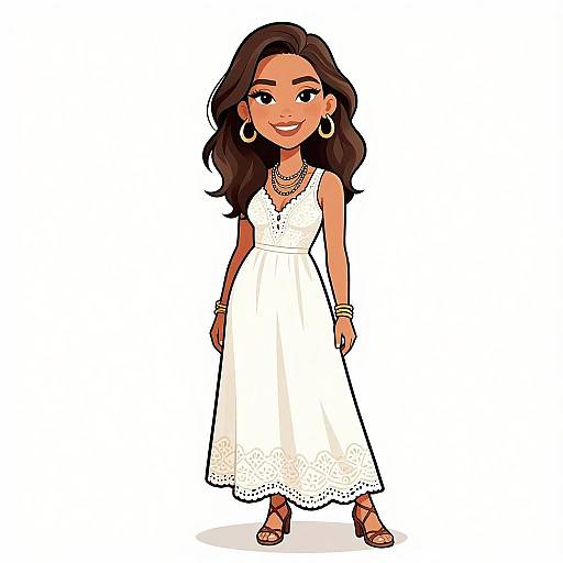 Digital cartoon of a smiling young woman with long brown hair, wearing a white sleeveless dress, hoop earrings, bracelets, and sandals.