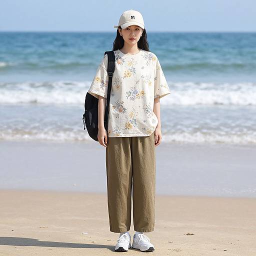 Photograph of an Asian woman with long black hair, wearing a white floral shirt, olive pants, white sneakers, and a white cap, standing on