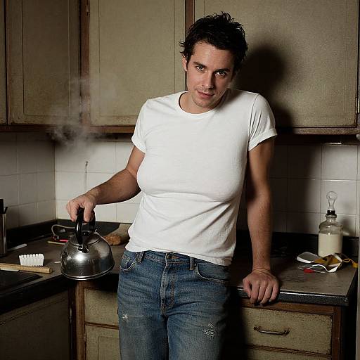 Photograph of a muscular man with short, dark hair, wearing a white t-shirt and blue jeans, leaning against a kitchen counter, holding a steam