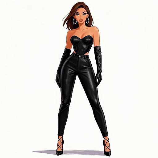 Digital illustration of a confident woman with long brown hair, wearing a black strapless corset, high-waisted pants, long gloves, and high