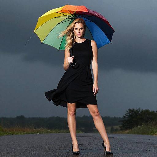 Photograph of a blonde woman in a black dress and heels, holding a colorful rainbow umbrella, standing on a wet road under a dark, stormy