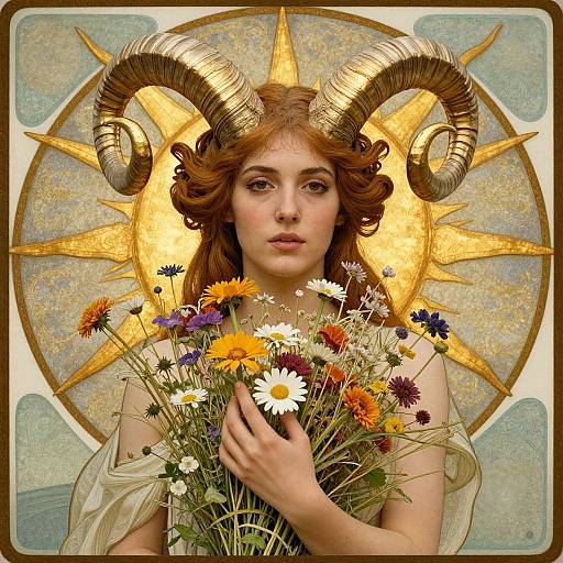 Digital art of a red-haired woman with golden ram horns, holding a bouquet of colorful flowers, against a radiant sun backdrop.