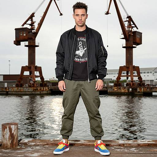 Photograph of a young man with short, spiked black hair, wearing a black jacket, graphic tee, olive pants, and colorful sneakers, standing on