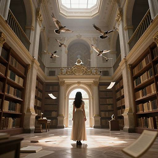 Photograph-like digital art of a woman in a long, flowing dress, facing an illuminated library arch with flying birds. Tall bookshelves surround her