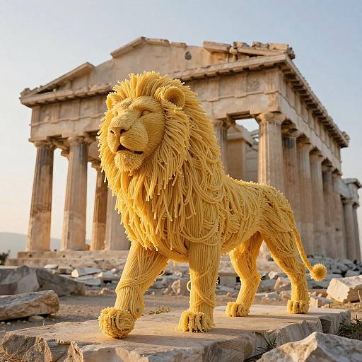 Lion Sculpted from Spaghetti in Ancient Greek Temple