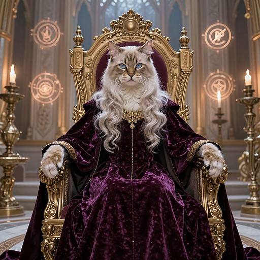 Digital artwork of a regal, long-haired cat with blue eyes, wearing a dark purple velvet gown, seated on an ornate gold throne in a