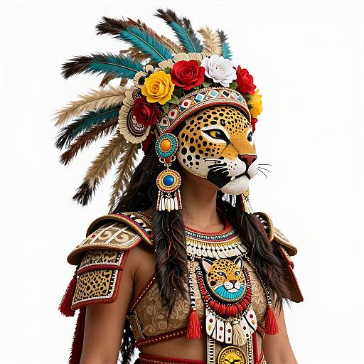 Photograph of a person in detailed Native American-inspired cheetah mask and headdress, adorned with feathers, flowers, and intricate jewelry, against a