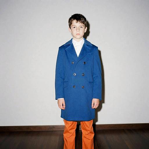 Young boy in blue coat and orange pants