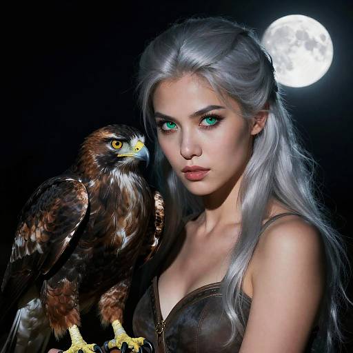 Moonlit Huntress with Hawk Portrait