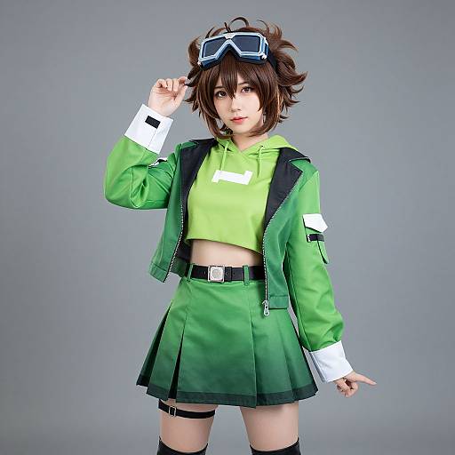Photograph of a young Asian woman in a green cosplay outfit with goggles on her head, short brown hair, green hoodie, and skirt, standing against