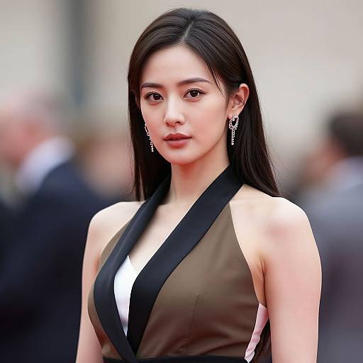 Photograph of an Asian woman with long black hair, wearing a brown and black halter dress with a white panel, and silver earrings, standing in