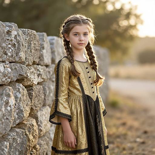 Photograph of a young girl with braided hair, wearing a gold and black embroidered dress, standing beside a rustic stone wall in a sunlit,