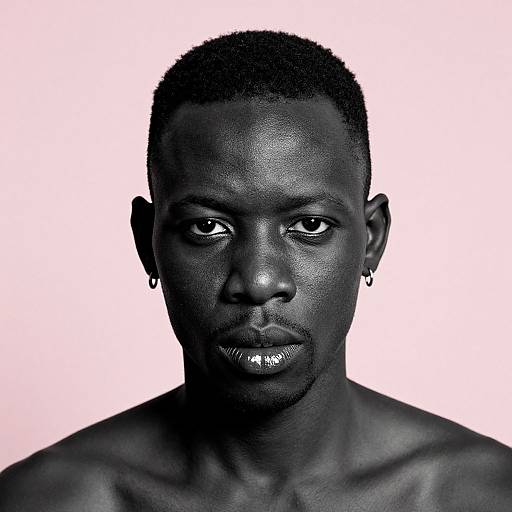 Photograph of a serious, shirtless, dark-skinned Black man with short, curly hair, small earrings, and intense gaze against a white background