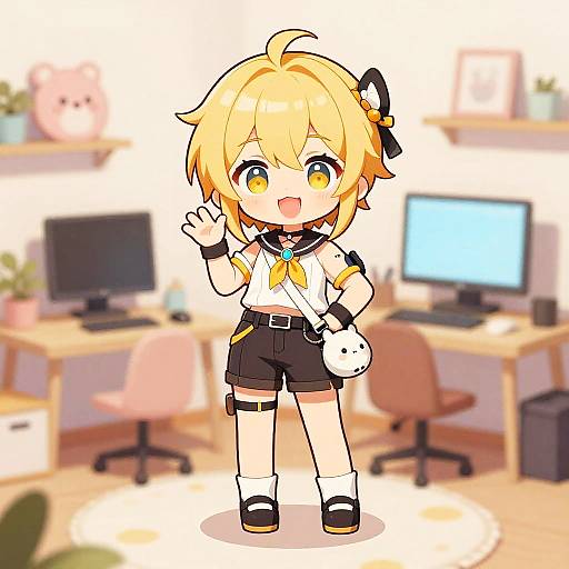 Chibi-style digital drawing of a cute, blonde, yellow-eyed character in a white shirt, black shorts, waving in a bright, modern workspace.