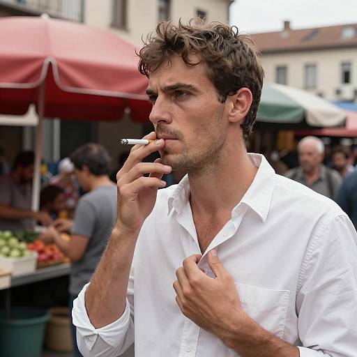 Intense Man in Outdoor Market Scene
