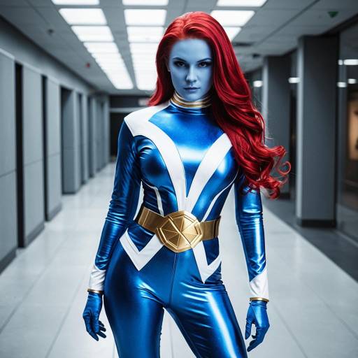 Mystique Cosplay with Shimmering Blue Skin and Red Hair