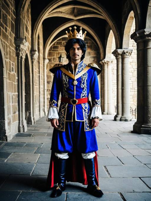 Man in Royal Prince Costume in Castle Hallway