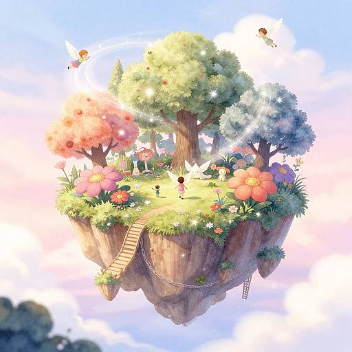 Digital illustration of a floating, lush island with vibrant flowers, trees, and tiny fairy-like creatures, suspended in a bright blue sky.