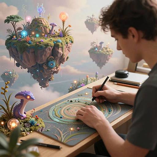 Artist with curly hair draws fantastical floating islands with colorful plants and glowing lights on a detailed mural. Digital art.