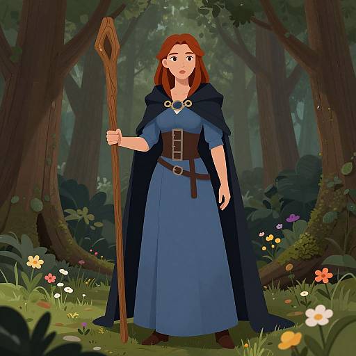 Digital drawing of a red-haired woman in a blue dress and black cloak, holding a wooden staff, standing in a lush, forested meadow with