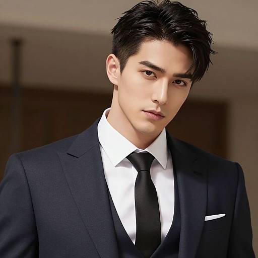 Photorealistic digital portrait of an Asian man with short black hair, wearing a black suit, white shirt, and black tie, looking slightly to the