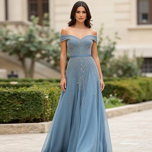Photograph of a dark-haired woman in an off-the-shoulder, blue, embellished ball gown, standing in a garden with greenery and