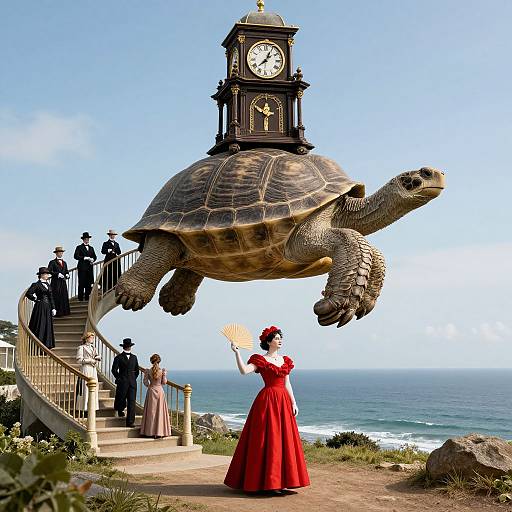 Photograph of a giant turtle with a black clock tower on its back, standing on a coastal path. A woman in a red dress and hat waves