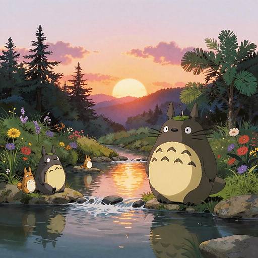 Digital anime-style drawing of three Totoros by a reflective, sunlit stream at sunset, surrounded by colorful flowers and pine trees.