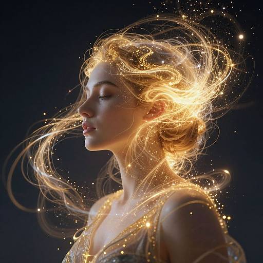 Photorealistic digital artwork of a beautiful, fair-skinned woman with glowing, ethereal golden hair and sparkling lights against a dark background.