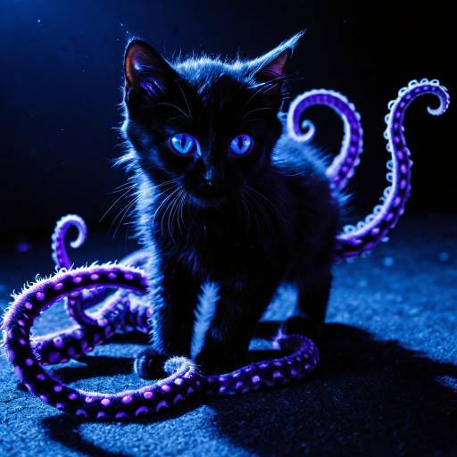 Mystical Black Kitten with Bioluminescent Tentacles