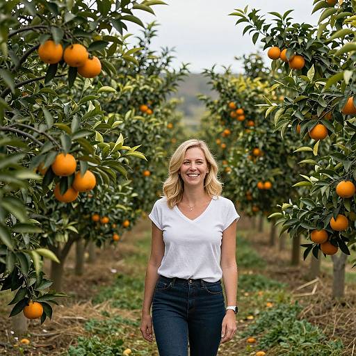 Blonde woman in white shirt and jeans smiles in orange grove, surrounded by lush green trees with vibrant orange fruits. Photographic image.
