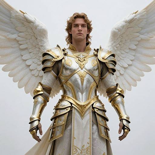 Digital artwork of a young man with curly brown hair and white angel wings, wearing ornate golden and silver armor against a bright sky.