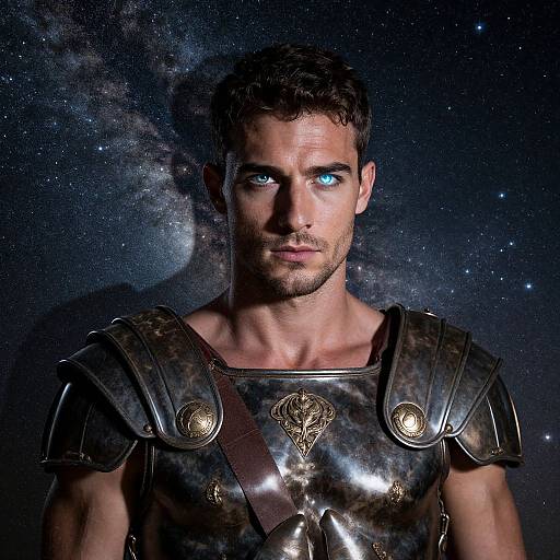 Photograph of a muscular, blue-eyed man with short curly brown hair, wearing metallic Roman-style armor, against a starry night sky background.