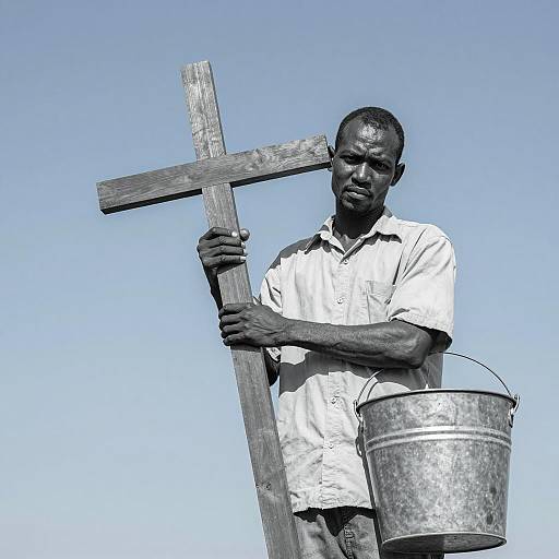 Man Holding Wooden Cross and Metal Bucket