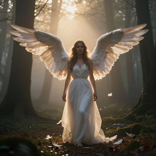 Photograph of a serene angelic woman with large, glowing white wings, wearing a flowing white dress, standing in a misty forest with sunlight filtering