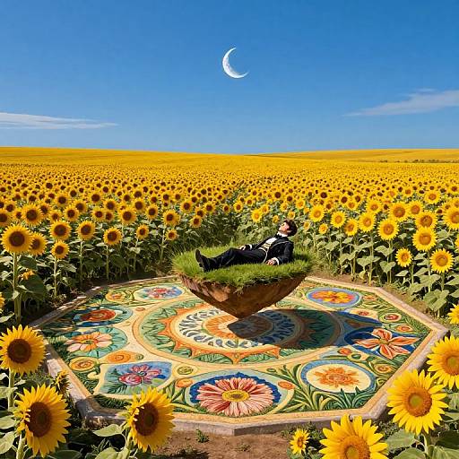 Surreal Sunflower Dreamscape with Victorian Figure