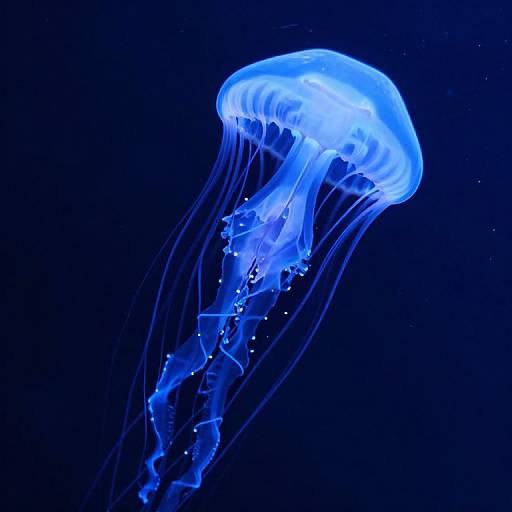 Photograph of a glowing blue jellyfish with translucent, flowing tentacles and bioluminescent spots against a dark blue ocean background.