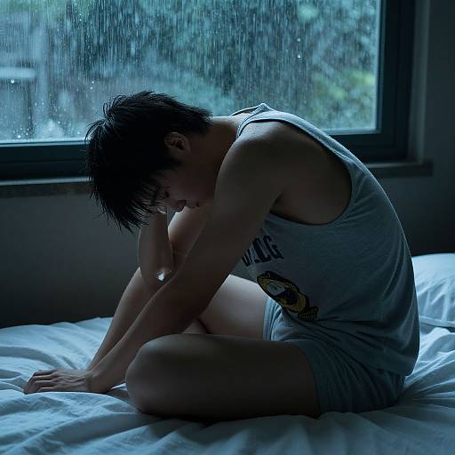 Photograph of a sad, dark-haired man in a gray tank top and shorts, sitting on a bed, head in hand, raining outside a window