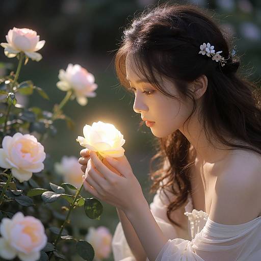 Photograph of a fair-skinned, long-haired woman with a white flower in her hair, gently holding a glowing rose in a sunlit garden.