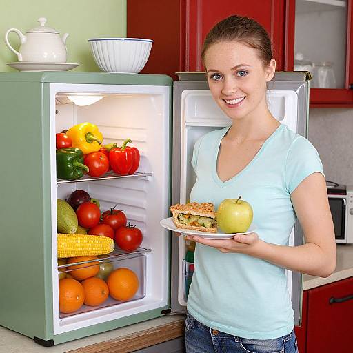 Retro Kitchen Woman with Fruit-Filled Freezer