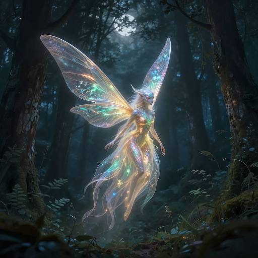 Digital fantasy artwork of a glowing, iridescent fairy with translucent wings, long flowing hair, and colorful lights, floating in a dark, mystical forest
