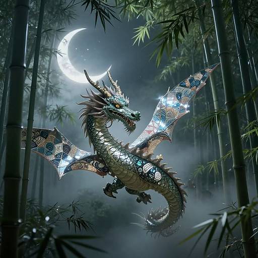 Digital artwork of a glowing, ornate dragon with iridescent wings, soaring in a misty bamboo forest under a crescent moon.