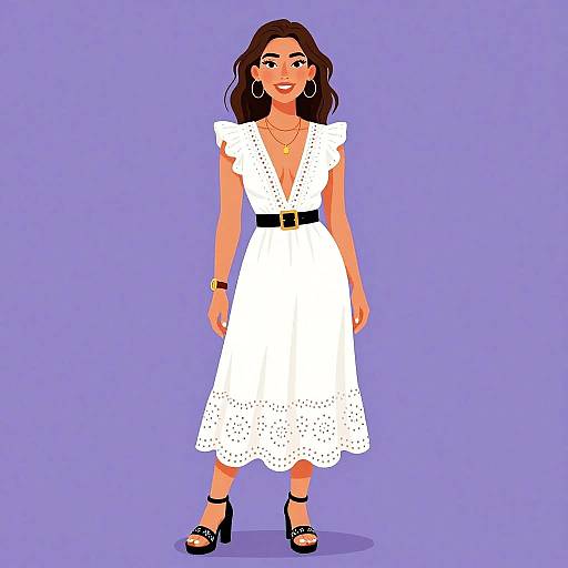Digital illustration of a smiling woman with long brown hair, wearing a white, sleeveless, V-neck dress with a black belt, black high heels,