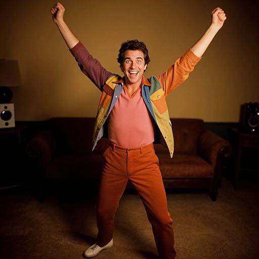 Photograph of a smiling man with curly hair, wearing a colorful jacket, orange pants, and white sneakers, enthusiastically raising arms in a dimly lit