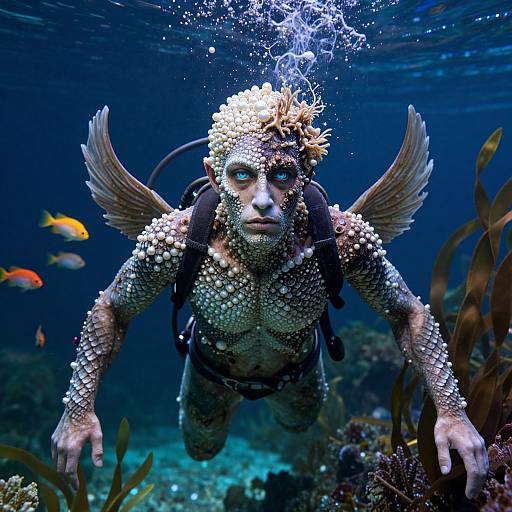 Photorealistic CGI of a scuba diver with fish-scale armor, mermaid wings, underwater, surrounded by colorful fish and coral.